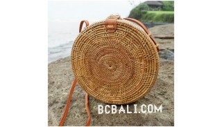 ata grass hand woven circle design handbag leather strap long handle